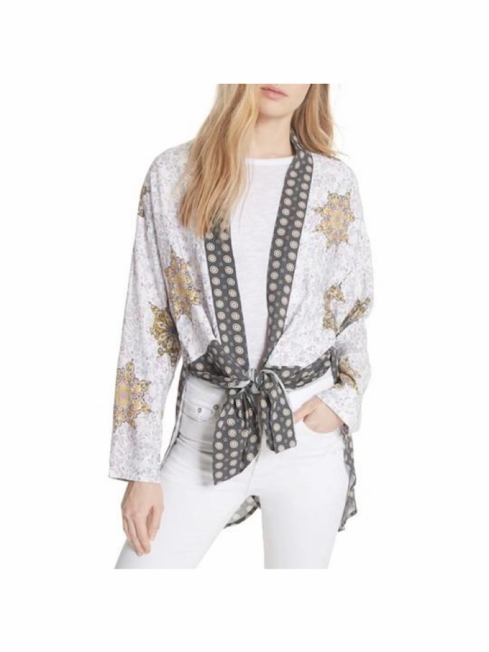 Free People Forget Me Not, tie front kimono in ivory. EUC, SMALL